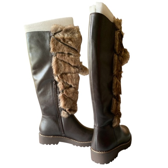 LANDSEND Women’s Lace Up Faux Fur Tall Leather Boots With Pom Poms, Zip Closure - Picture 10 of 13